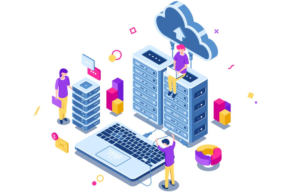 Big data center, server room rack, engineering process, teamwork, computer technology, cloud storage, command work, isometric people vector illustration
