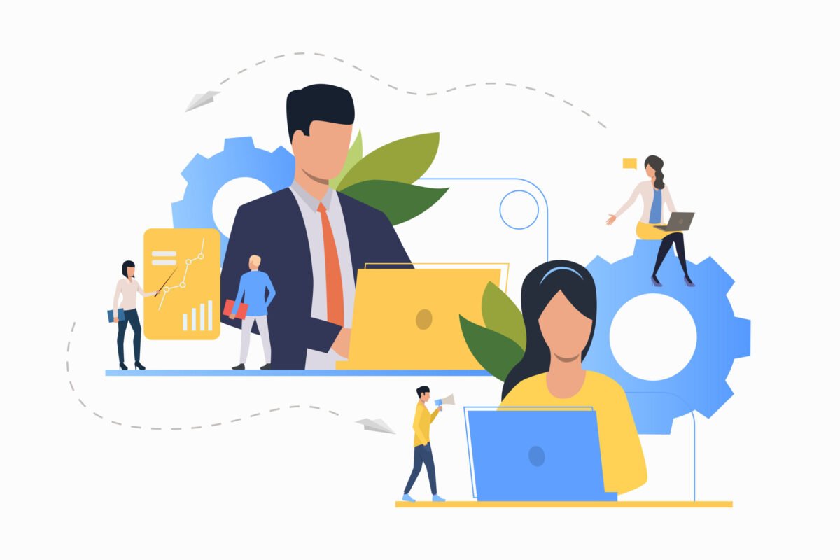 Communication flat icon. Department leaders, laptop, presentation, gear. Teamwork concept. Can be used for topics like leadership, unit, business, analysis